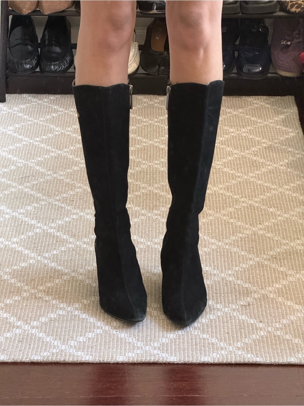 Donald Pliner Black Suede Embroidered Pointed-Toe Knee High Wedge Boots - Picture 3 of 7